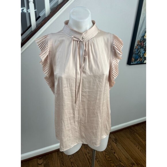 FRAME Pleated Flutter Sleeve Keyhole Satin Blouse in Parchment Size Large - Picture 2 of 5